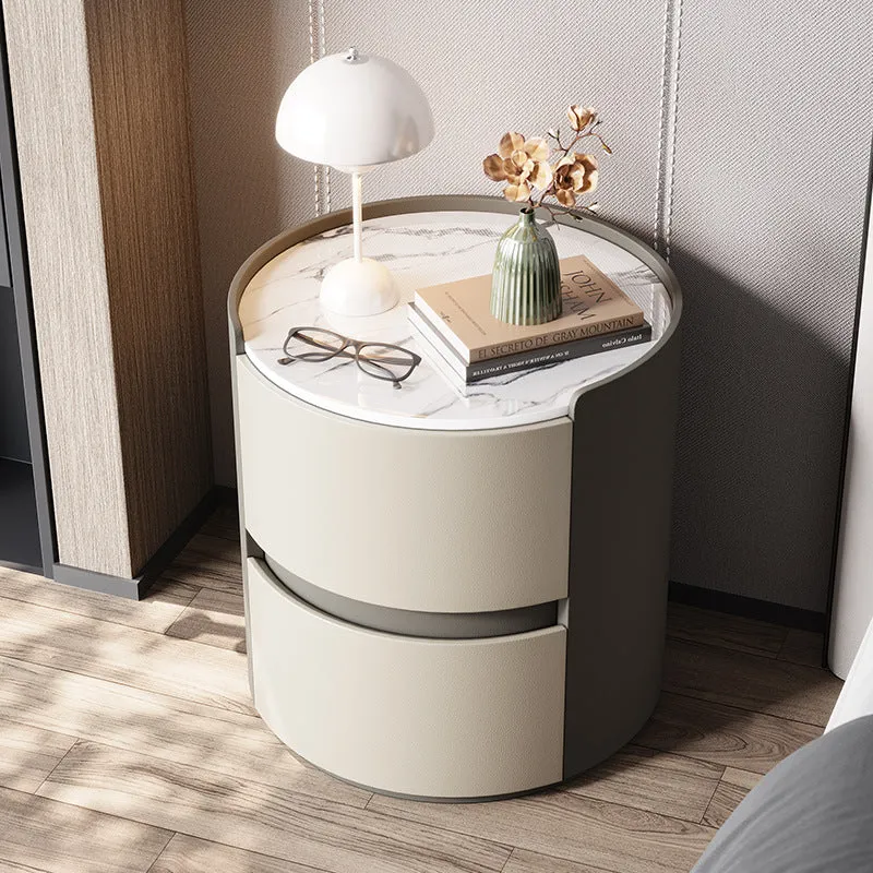 Modern Minimalist Synthetic Leather Velvet Rock Slab & Solid Wood Plywood Round Nightstand With 2 Drawers For Bedside Use
