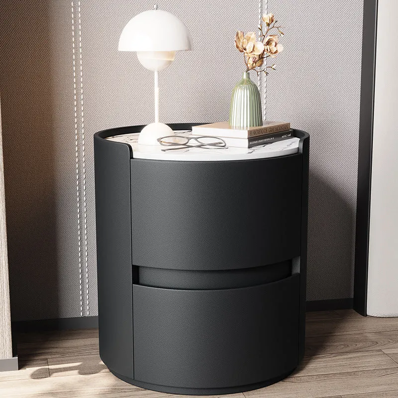 Modern Minimalist Synthetic Leather Velvet Rock Slab & Solid Wood Plywood Round Nightstand With 2 Drawers For Bedside Use