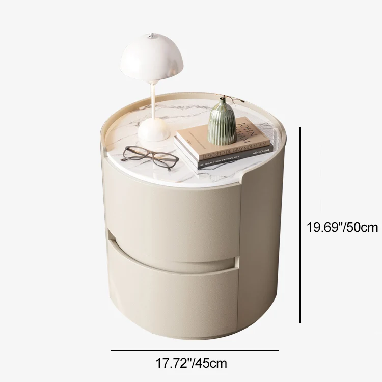 Modern Minimalist Synthetic Leather Velvet Rock Slab & Solid Wood Plywood Round Nightstand With 2 Drawers For Bedside Use