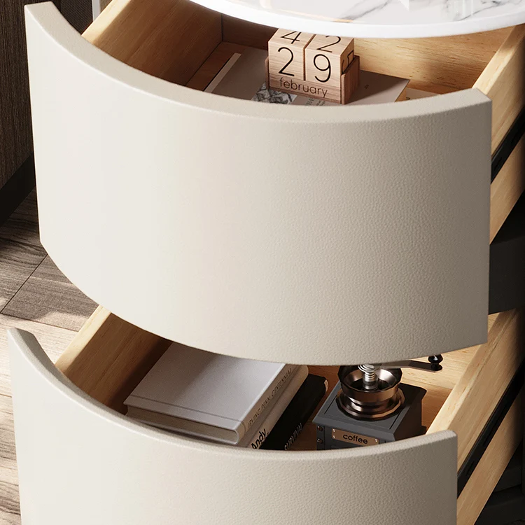 Modern Minimalist Synthetic Leather Velvet Rock Slab & Solid Wood Plywood Round Nightstand With 2 Drawers For Bedside Use