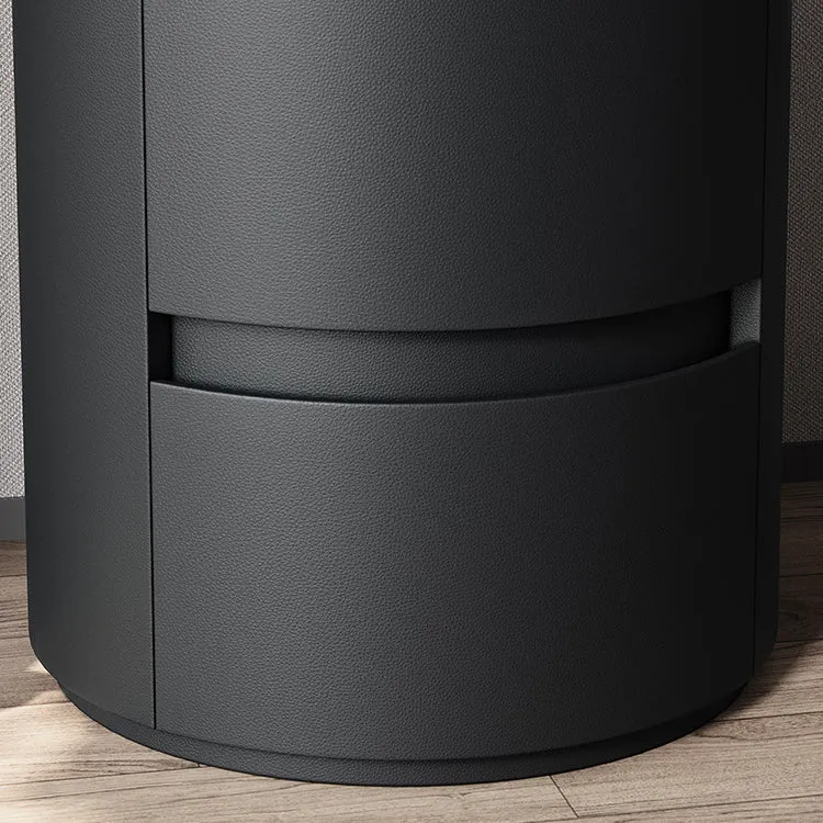 Modern Minimalist Synthetic Leather Velvet Rock Slab & Solid Wood Plywood Round Nightstand With 2 Drawers For Bedside Use