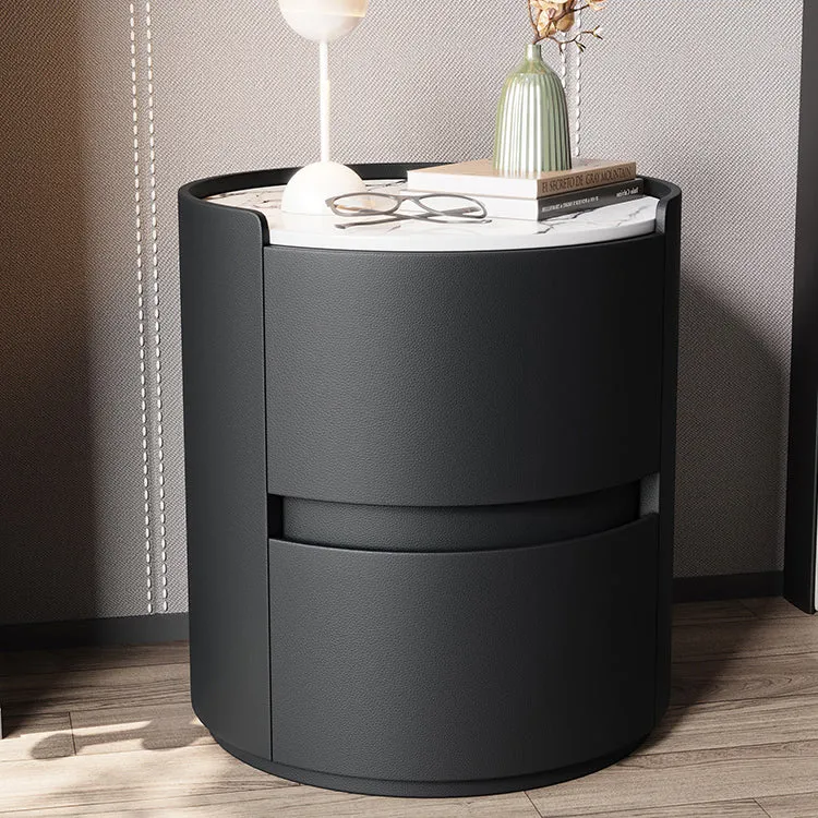 Modern Minimalist Synthetic Leather Velvet Rock Slab & Solid Wood Plywood Round Nightstand With 2 Drawers For Bedside Use