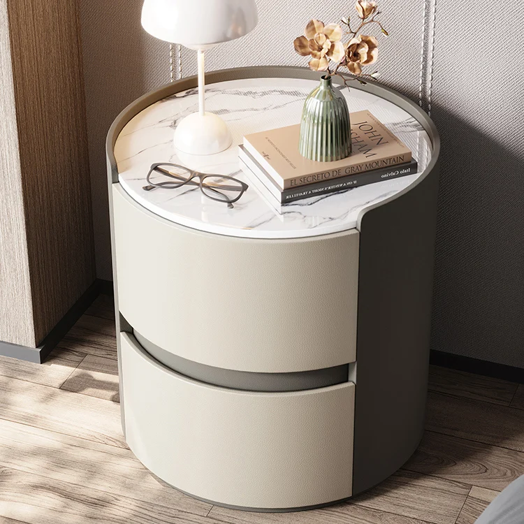 Modern Minimalist Synthetic Leather Velvet Rock Slab & Solid Wood Plywood Round Nightstand With 2 Drawers For Bedside Use