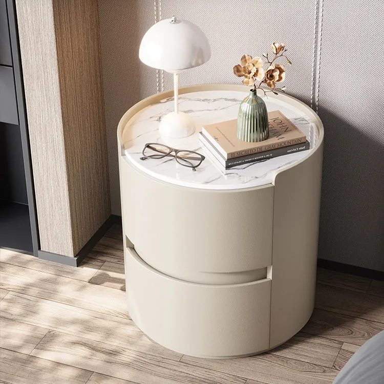 Modern Minimalist Synthetic Leather Velvet Rock Slab & Solid Wood Plywood Round Nightstand With 2 Drawers For Bedside Use