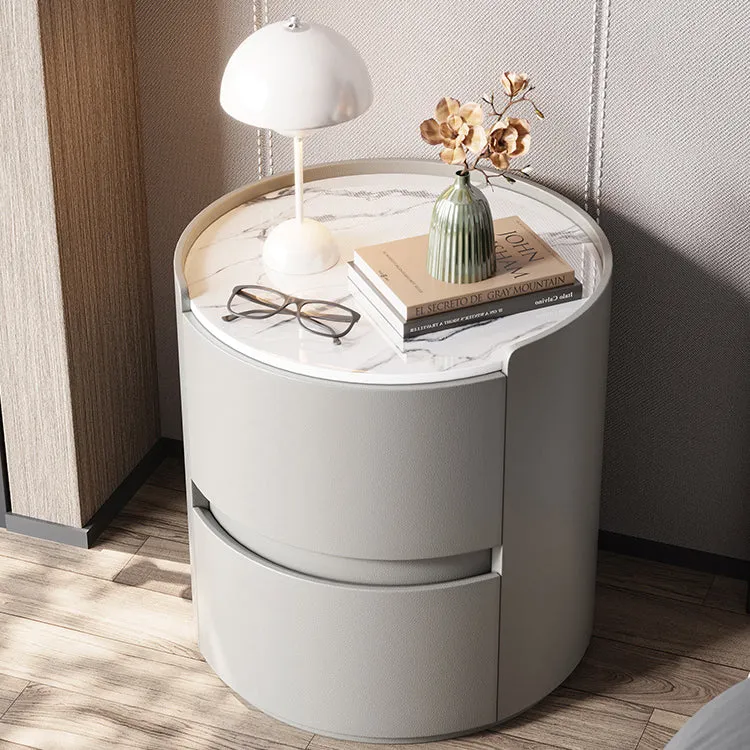 Modern Minimalist Synthetic Leather Velvet Rock Slab & Solid Wood Plywood Round Nightstand With 2 Drawers For Bedside Use