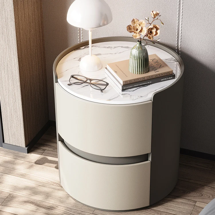 Modern Minimalist Synthetic Leather Velvet Rock Slab & Solid Wood Plywood Round Nightstand With 2 Drawers For Bedside Use