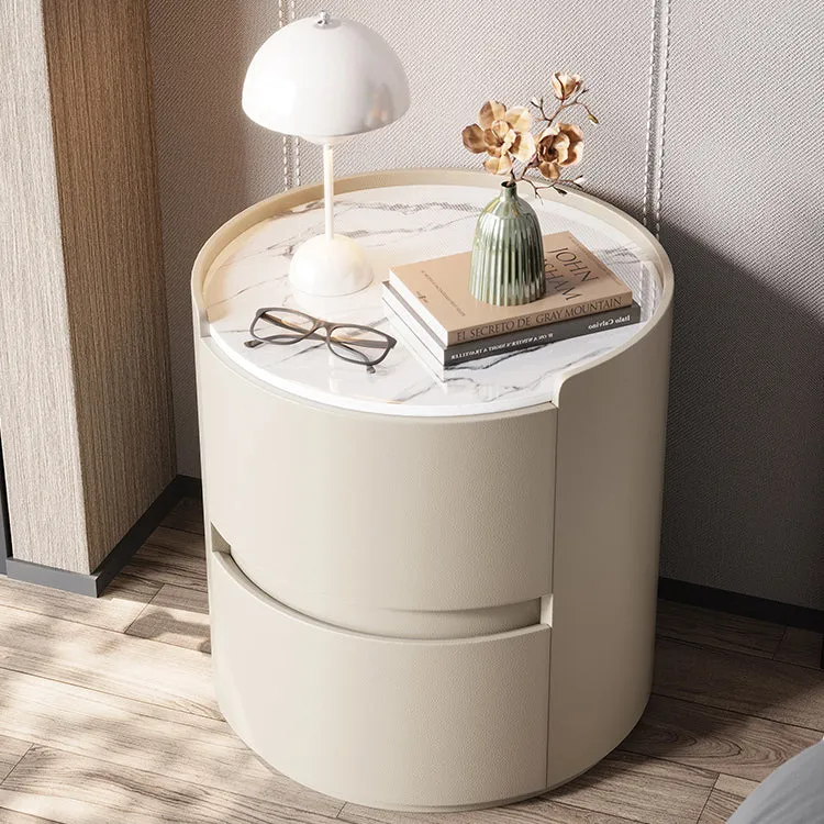 Modern Minimalist Synthetic Leather Velvet Rock Slab & Solid Wood Plywood Round Nightstand With 2 Drawers For Bedside Use