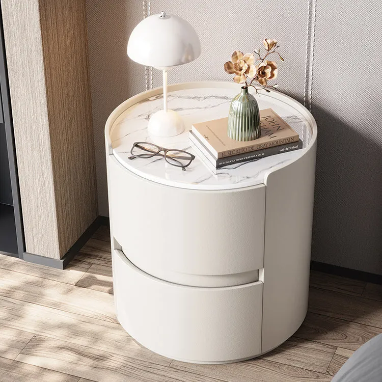 Modern Minimalist Synthetic Leather Velvet Rock Slab & Solid Wood Plywood Round Nightstand With 2 Drawers For Bedside Use