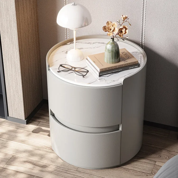 Modern Minimalist Synthetic Leather Velvet Rock Slab & Solid Wood Plywood Round Nightstand With 2 Drawers For Bedside Use