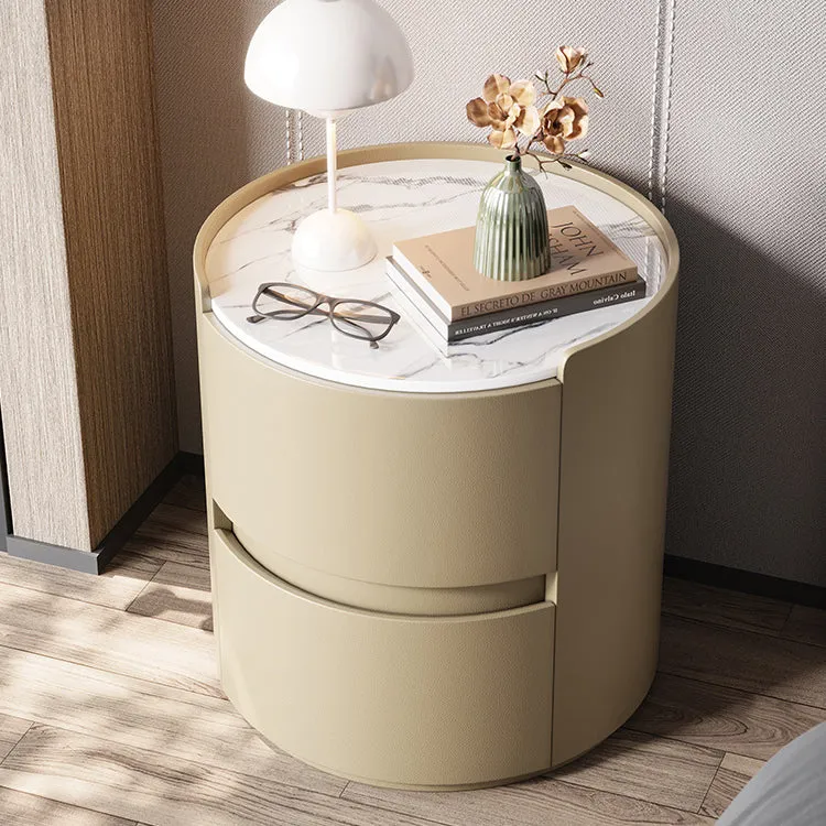 Modern Minimalist Synthetic Leather Velvet Rock Slab & Solid Wood Plywood Round Nightstand With 2 Drawers For Bedside Use