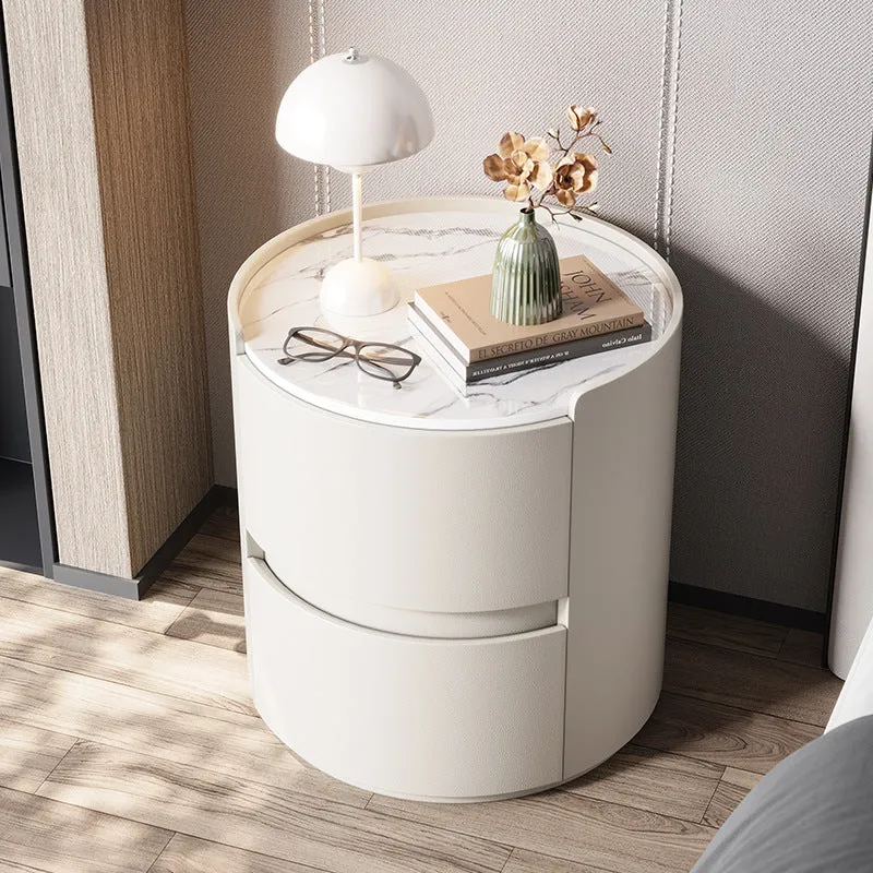 Modern Minimalist Synthetic Leather Velvet Rock Slab & Solid Wood Plywood Round Nightstand With 2 Drawers For Bedside Use