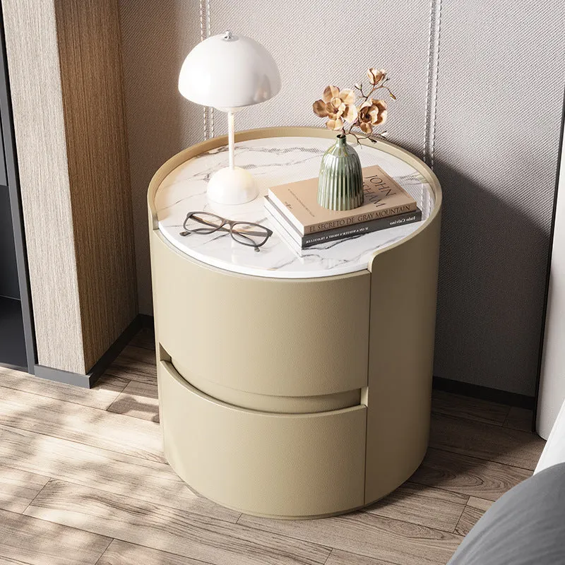 Modern Minimalist Synthetic Leather Velvet Rock Slab & Solid Wood Plywood Round Nightstand With 2 Drawers For Bedside Use