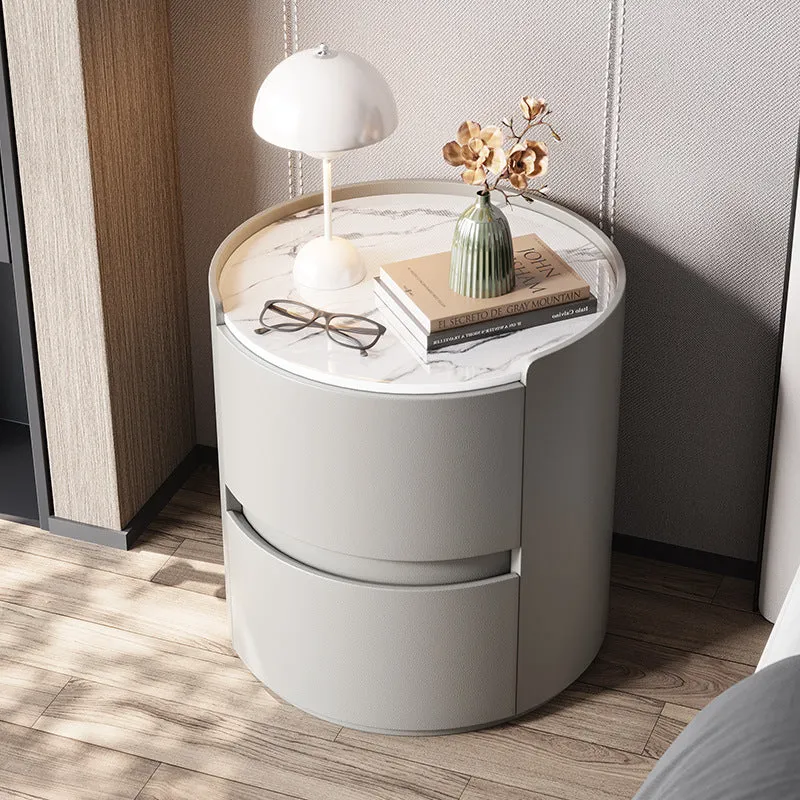 Modern Minimalist Synthetic Leather Velvet Rock Slab & Solid Wood Plywood Round Nightstand With 2 Drawers For Bedside Use