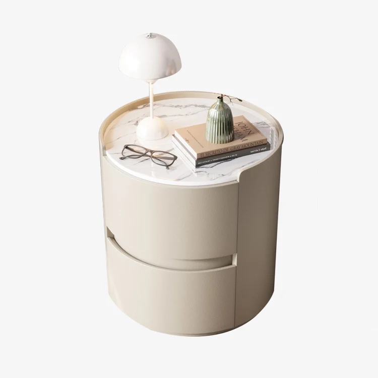 Modern Minimalist Synthetic Leather Velvet Rock Slab & Solid Wood Plywood Round Nightstand With 2 Drawers For Bedside Use