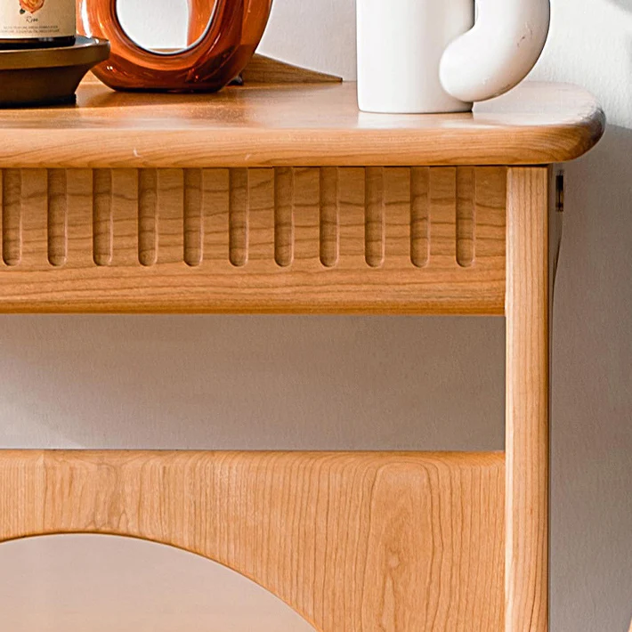 Contemporary Nordic Cherry Wood & Acrylic Rectangular C-Shaped Movable Side Table With 1-Cabinet And Display Shelf For Living Room & Bedroom