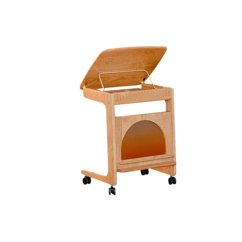 Contemporary Nordic Cherry Wood & Acrylic Rectangular C-Shaped Movable Side Table With 1-Cabinet And Display Shelf For Living Room & Bedroom