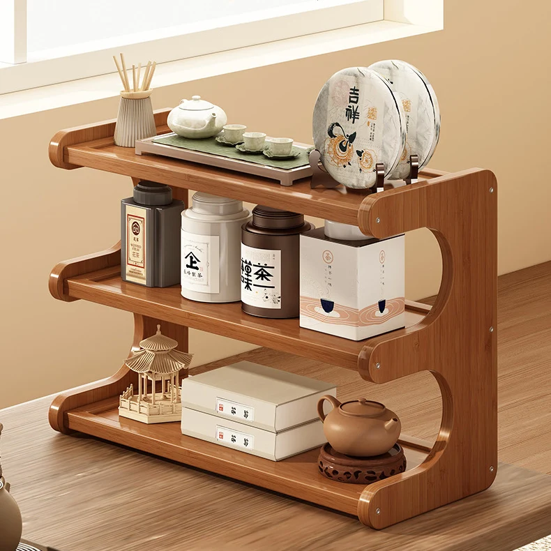 Traditional Chinese MDF & Nan Bamboo Rectangular E-Shaped Bookshelf Storage Shelf With 2/3/4 Tiers For Living Room & Bedroom
