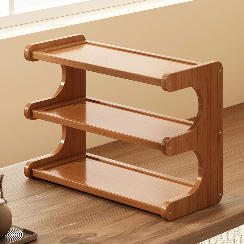 Traditional Chinese MDF & Nan Bamboo Rectangular E-Shaped Bookshelf Storage Shelf With 2/3/4 Tiers For Living Room & Bedroom