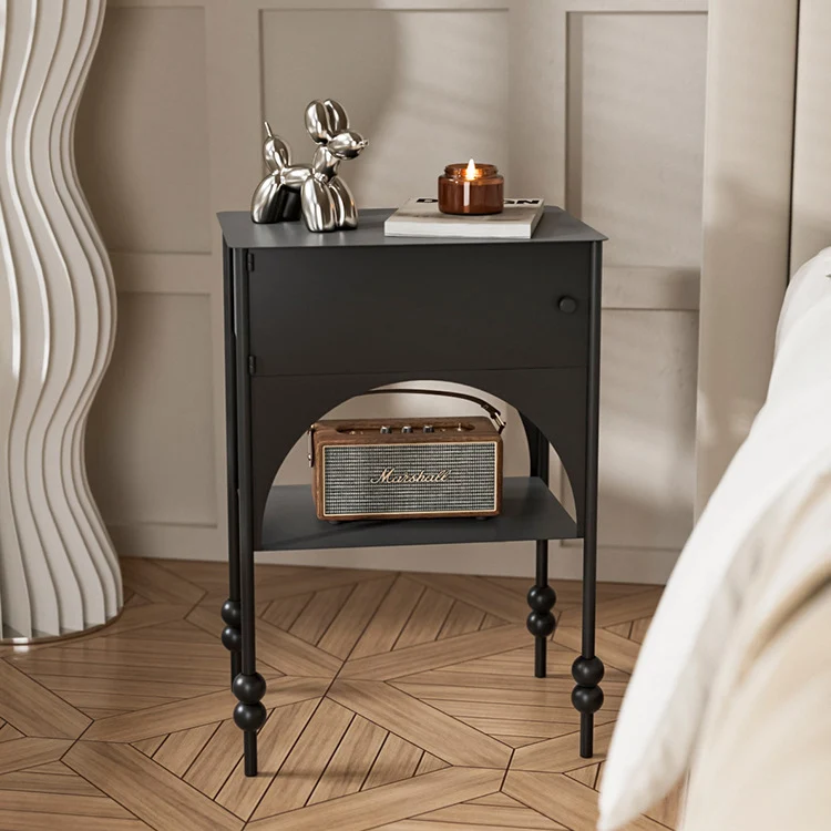 Contemporary Retro Iron Arched Rectangular Nightstand With 2-Tier Cabinet For Bedside