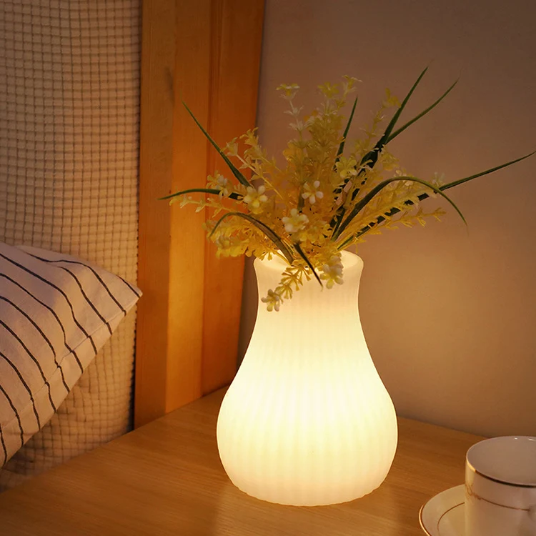 Contemporary Nordic Rechargeable PE Gourd & Striped Cylinder Flower Vase LED Table Lamp Night Light For Bedside