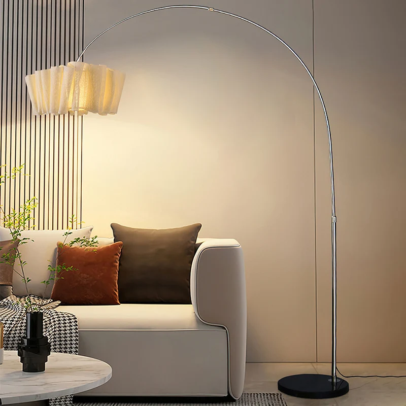 Traditional Japanese Marble Fabric & Metal Pleated 1-Light Standing Floor Lamp For Living Room And Bedroom