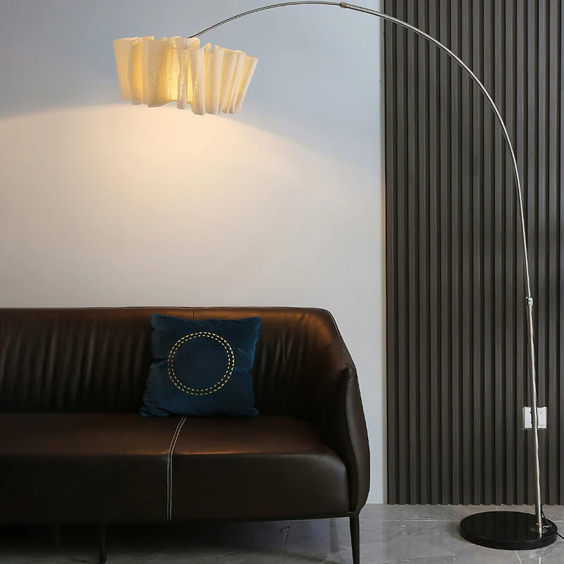 Traditional Japanese Marble Fabric & Metal Pleated 1-Light Standing Floor Lamp For Living Room And Bedroom