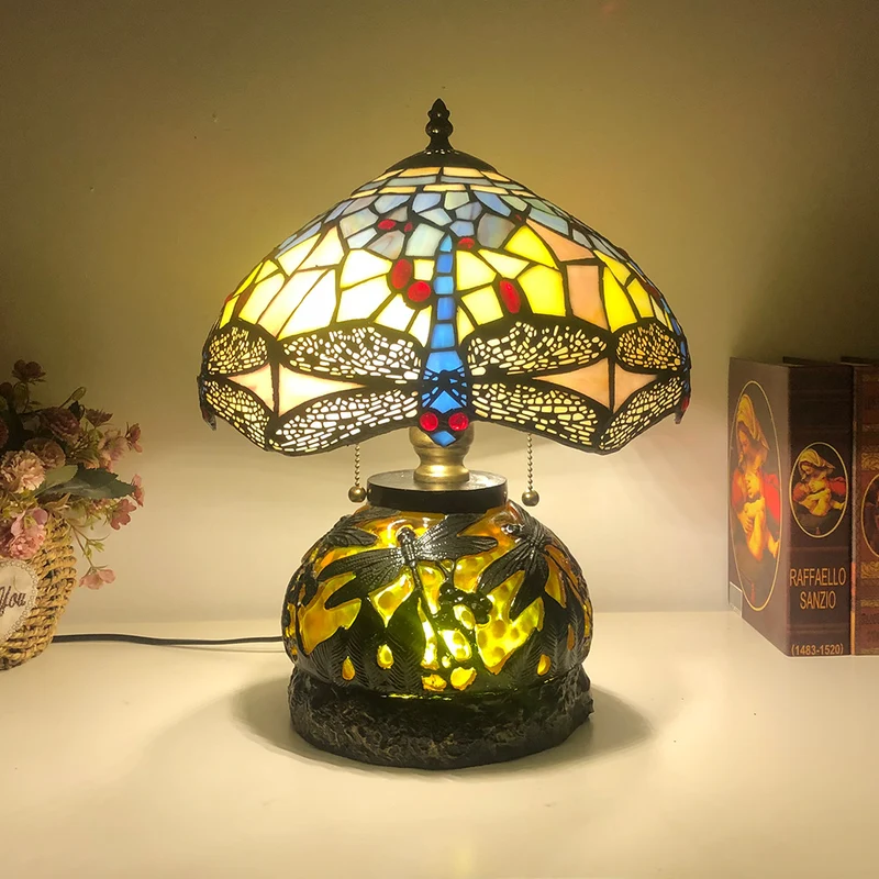 Traditional Tiffany Glass & Resin Dragonfly 3-Light Table Lamp For Living Room And Bedroom
