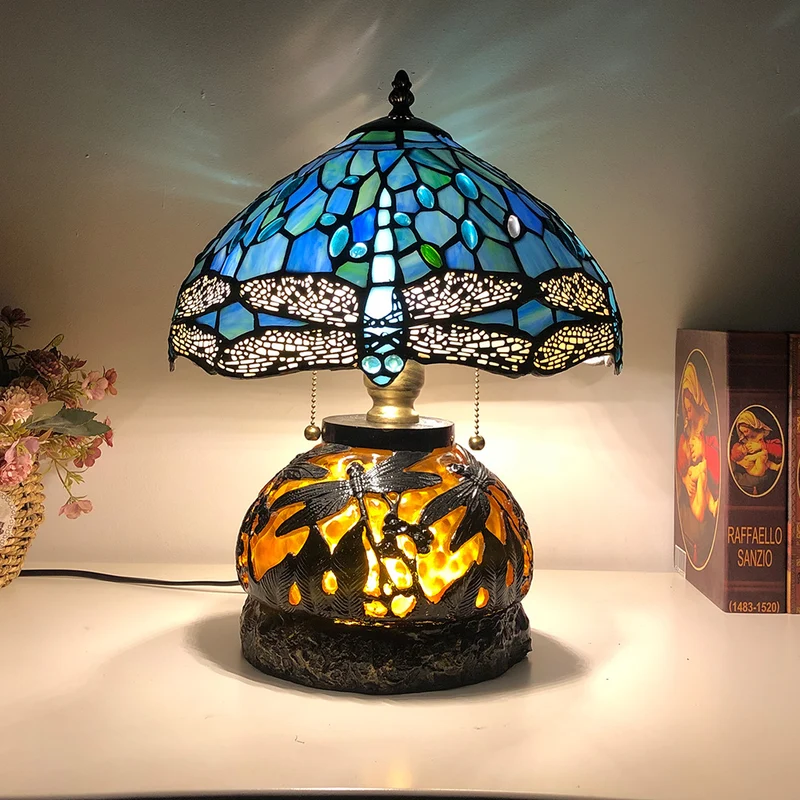 Traditional Tiffany Glass & Resin Dragonfly 3-Light Table Lamp For Living Room And Bedroom