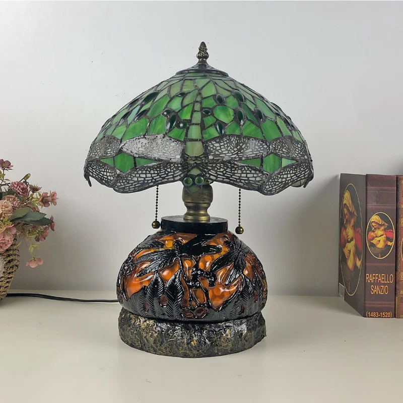 Traditional Tiffany Glass & Resin Dragonfly 3-Light Table Lamp For Living Room And Bedroom