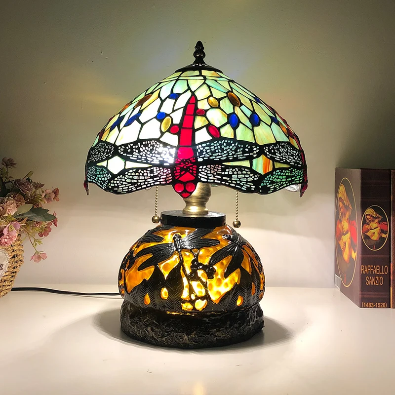 Traditional Tiffany Glass & Resin Dragonfly 3-Light Table Lamp For Living Room And Bedroom