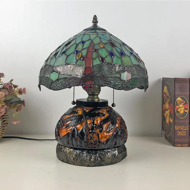 Traditional Tiffany Glass & Resin Dragonfly 3-Light Table Lamp For Living Room And Bedroom