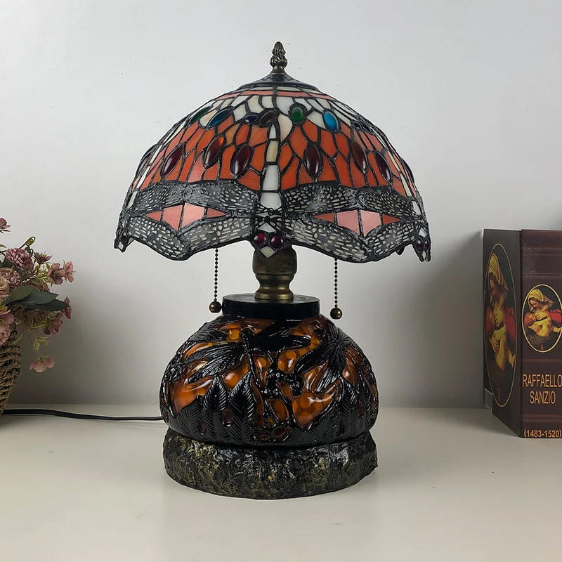 Traditional Tiffany Glass & Resin Dragonfly 3-Light Table Lamp For Living Room And Bedroom