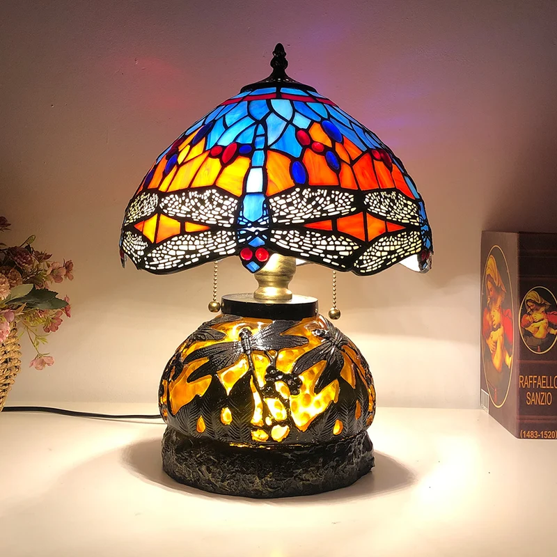Traditional Tiffany Glass & Resin Dragonfly 3-Light Table Lamp For Living Room And Bedroom