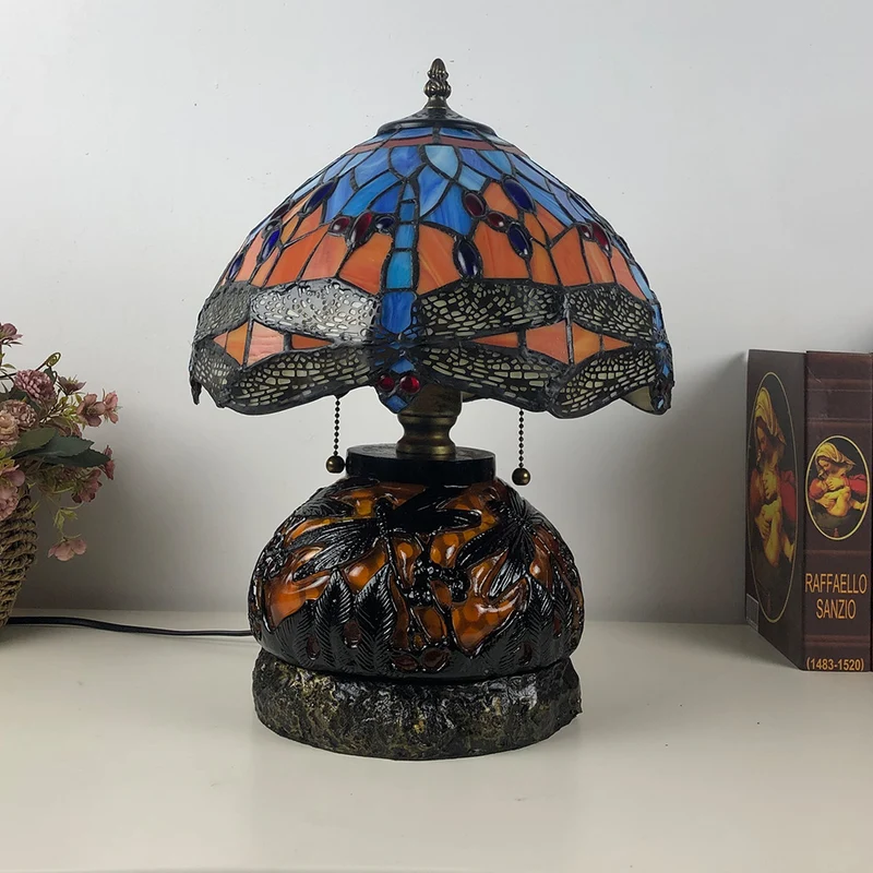 Traditional Tiffany Glass & Resin Dragonfly 3-Light Table Lamp For Living Room And Bedroom