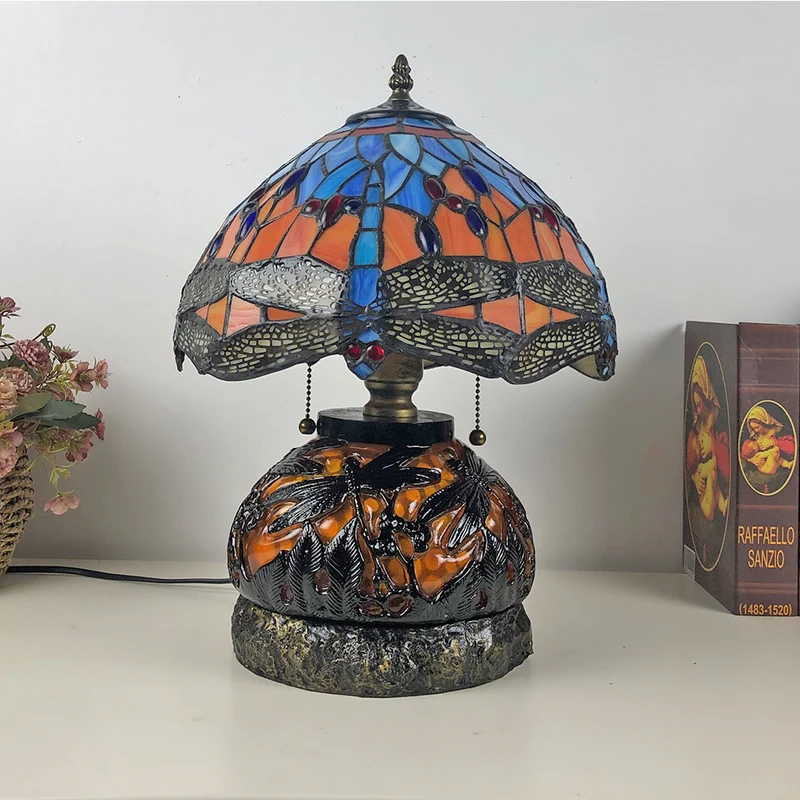 Traditional Tiffany Glass & Resin Dragonfly 3-Light Table Lamp For Living Room And Bedroom