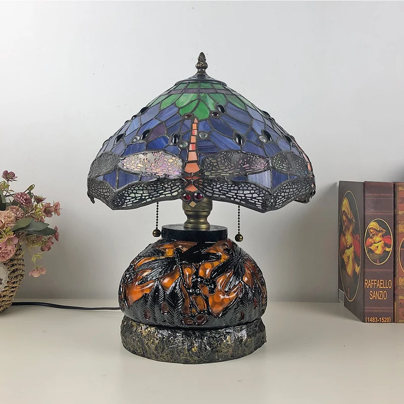 Traditional Tiffany Glass & Resin Dragonfly 3-Light Table Lamp For Living Room And Bedroom