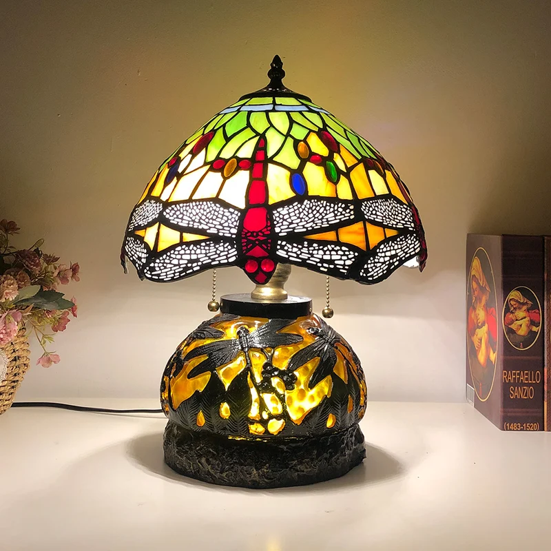 Traditional Tiffany Glass & Resin Dragonfly 3-Light Table Lamp For Living Room And Bedroom