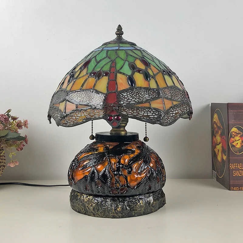 Traditional Tiffany Glass & Resin Dragonfly 3-Light Table Lamp For Living Room And Bedroom