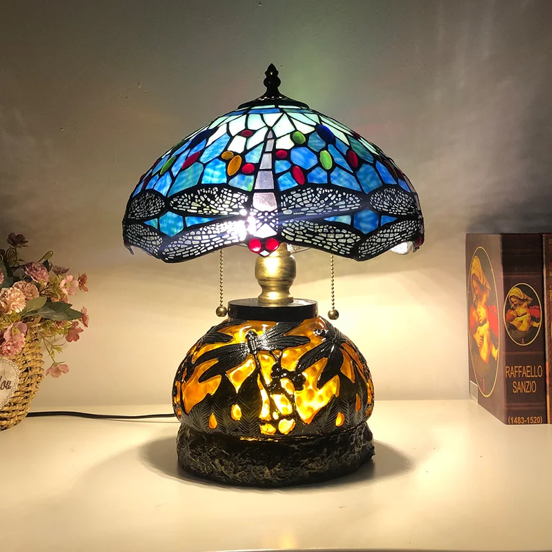 Traditional Tiffany Glass & Resin Dragonfly 3-Light Table Lamp For Living Room And Bedroom