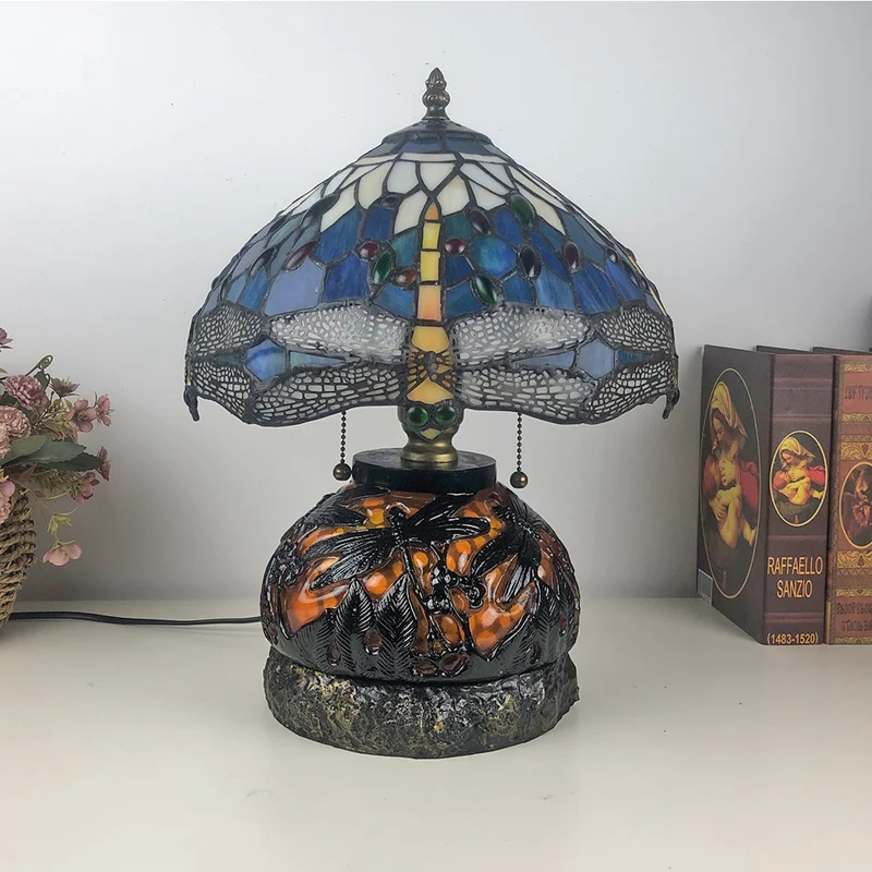 Traditional Tiffany Glass & Resin Dragonfly 3-Light Table Lamp For Living Room And Bedroom