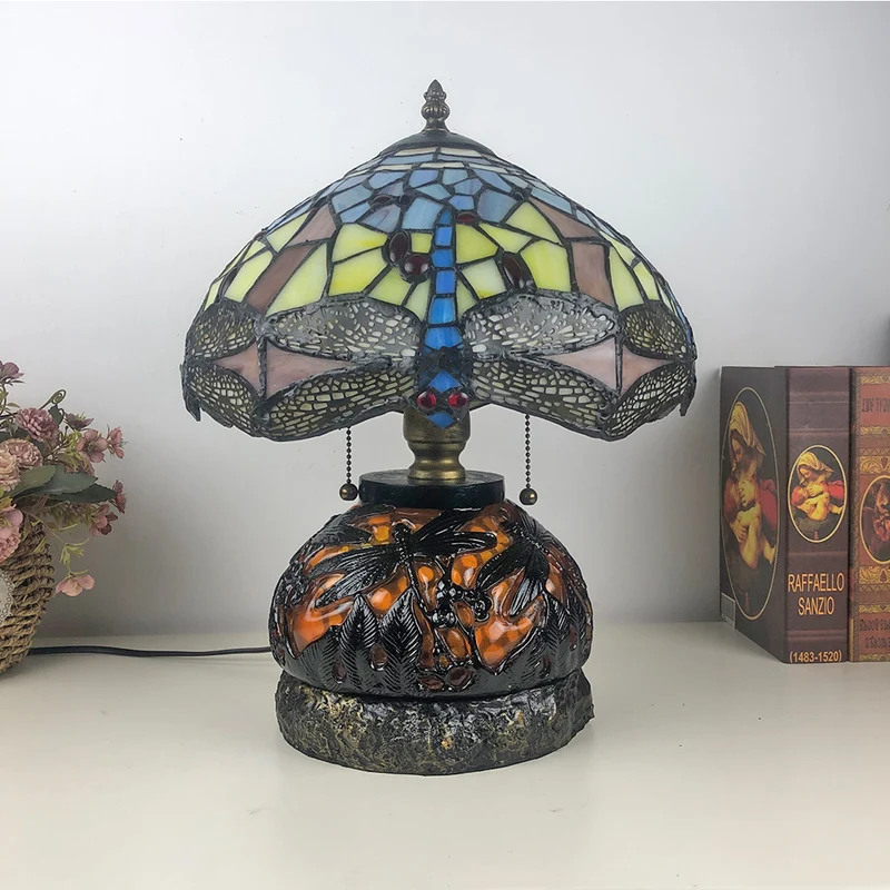 Traditional Tiffany Glass & Resin Dragonfly 3-Light Table Lamp For Living Room And Bedroom