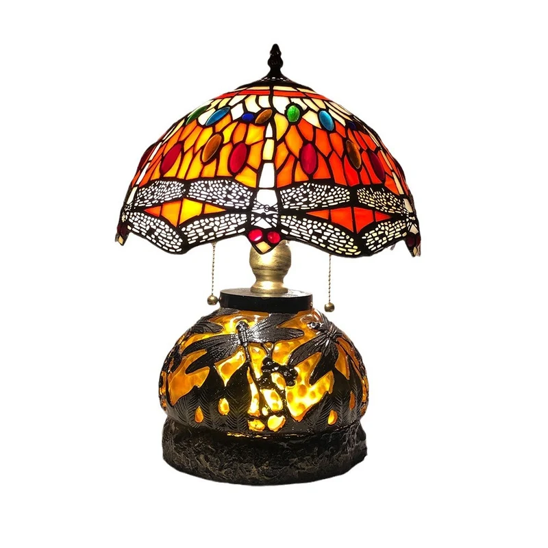 Traditional Tiffany Glass & Resin Dragonfly 3-Light Table Lamp For Living Room And Bedroom