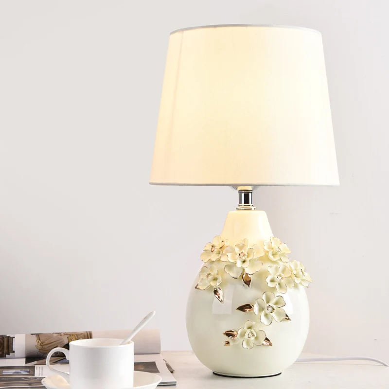 Contemporary Nordic Ceramic Fabric Floral Column 1-Light Table Lamp For Bedroom And Living Room