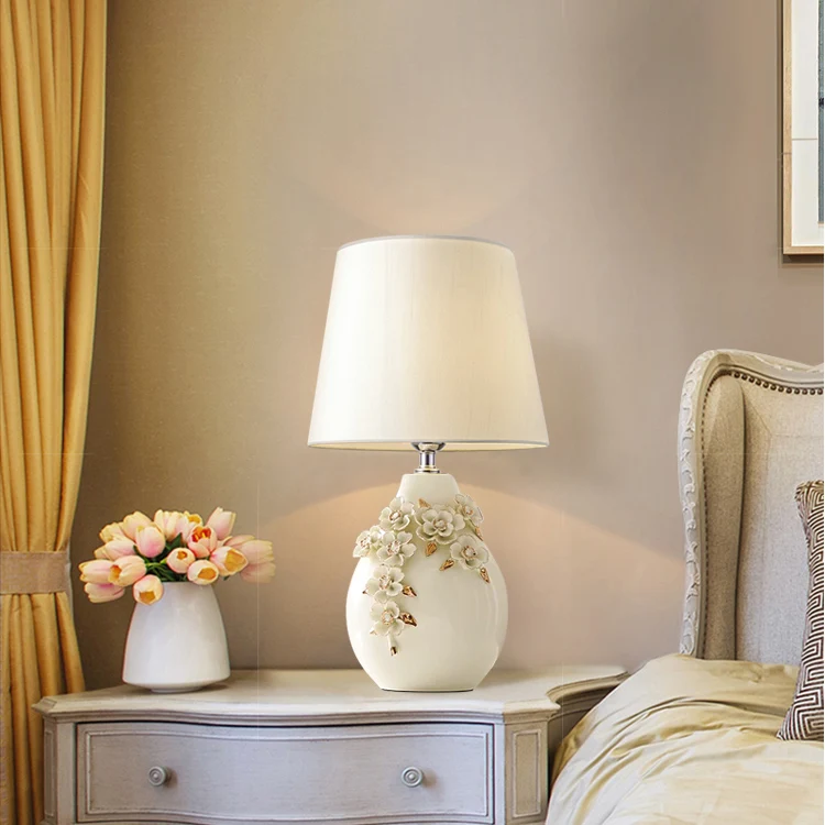 Contemporary Nordic Ceramic Fabric Floral Column 1-Light Table Lamp For Bedroom And Living Room
