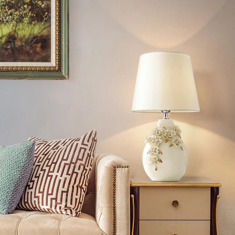 Contemporary Nordic Ceramic Fabric Floral Column 1-Light Table Lamp For Bedroom And Living Room