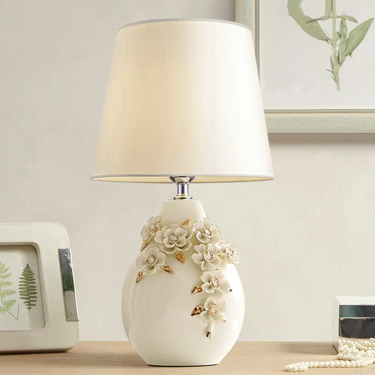 Contemporary Nordic Ceramic Fabric Floral Column 1-Light Table Lamp For Bedroom And Living Room