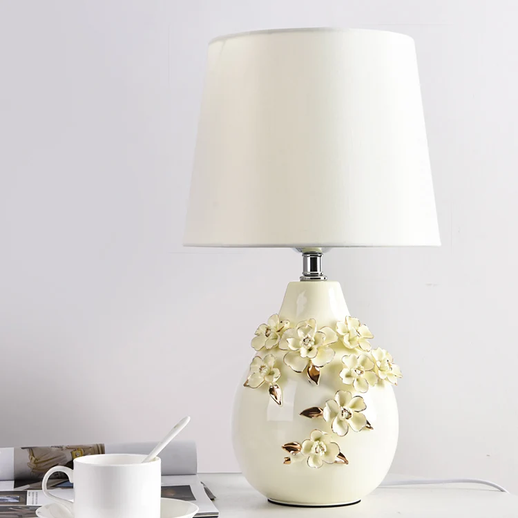 Contemporary Nordic Ceramic Fabric Floral Column 1-Light Table Lamp For Bedroom And Living Room