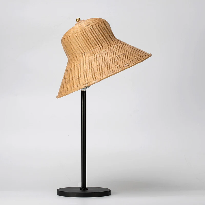 Modern Art Deco Iron & Bamboo Round Hat-Shaped LED Table Lamp For Bedroom