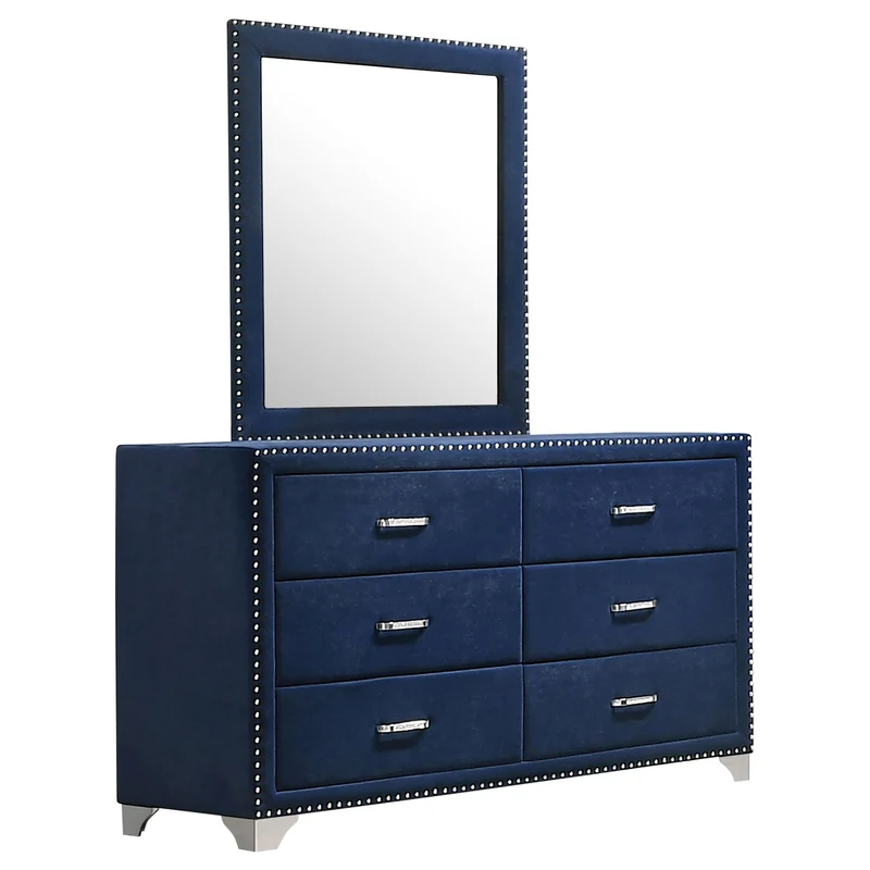 Coaster Furniture Melody 223373M 6-Drawer Upholstered Dresser with Mirror - Pacific Blue