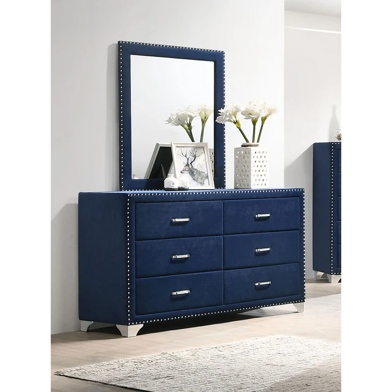 Coaster Furniture Melody 223373M 6-Drawer Upholstered Dresser with Mirror - Pacific Blue